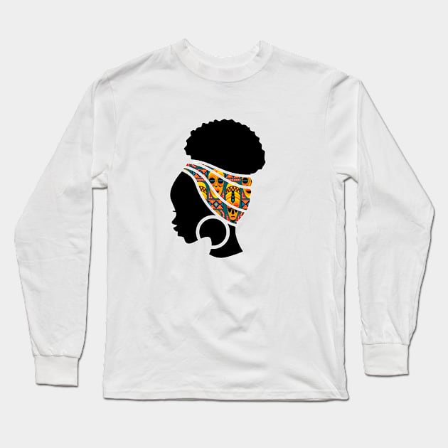 Afro Hair Woman with African Pattern Headwrap Long Sleeve T-Shirt by dukito